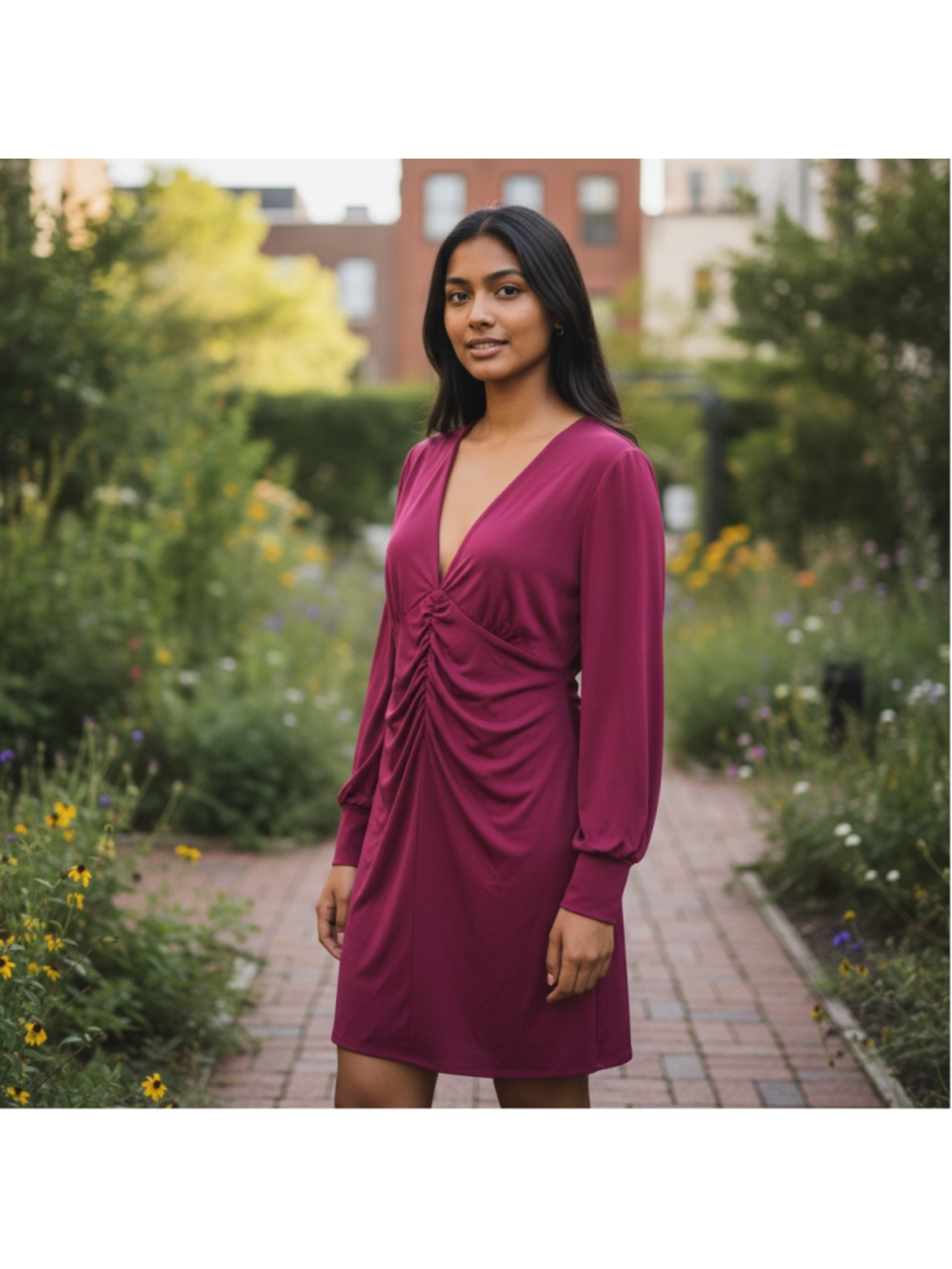 Size L Express Magenta Purple Long Sleeve Ruched V-Neck Stretchy Midi Dress